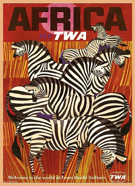 Poster vintage Africa Fly TWA zebres