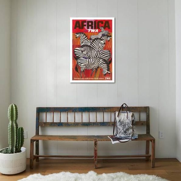 Poster vintage Africa Fly TWA zebres dans une salle d'attente