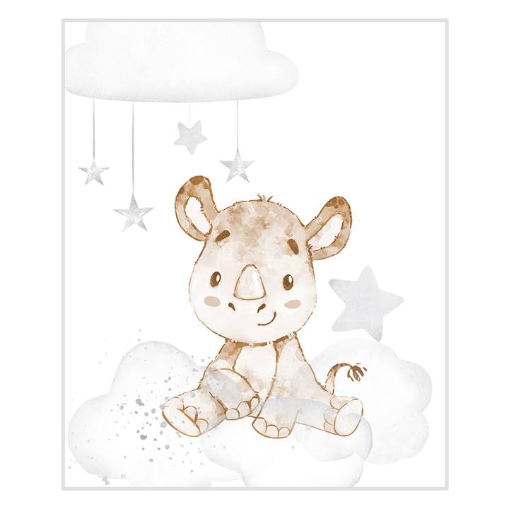 Affiche pépinière avec dessin de rhinocéros et de nuage