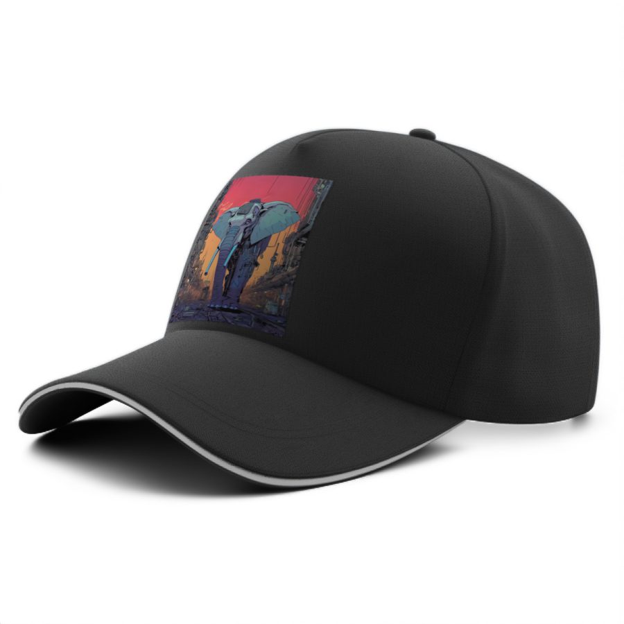 Casquette éléphant cyberpunk noire avec illustration détaillée