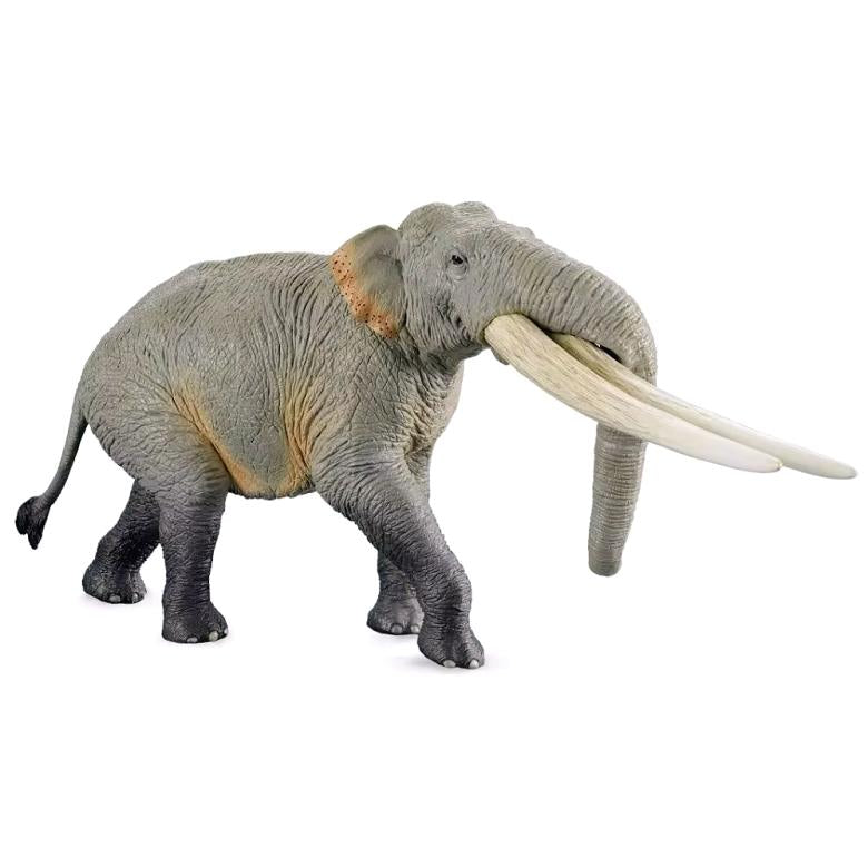 Figurine détaillée et réaliste d'un Stegodon, montrant la texture de sa peau et ses longues défenses parallèles.