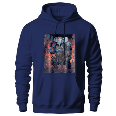 Hoodie éléphant cyberpunk ready for war, bleu marine - Sobriété et mystère pour un look intemporel et audacieux.