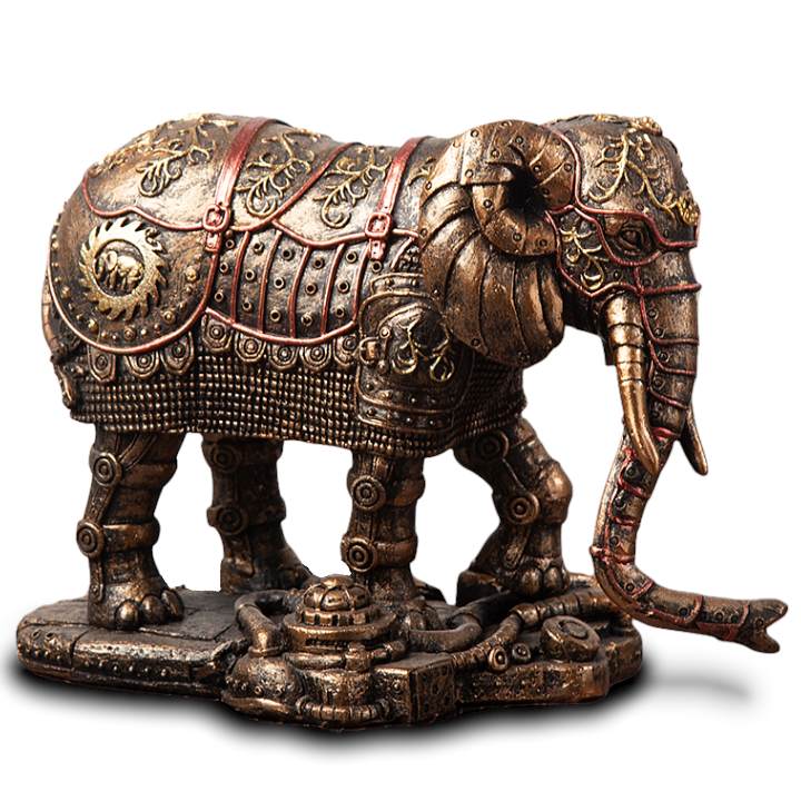 Statue éléphant steampunk en résine avec engrenages et finitions vieillies