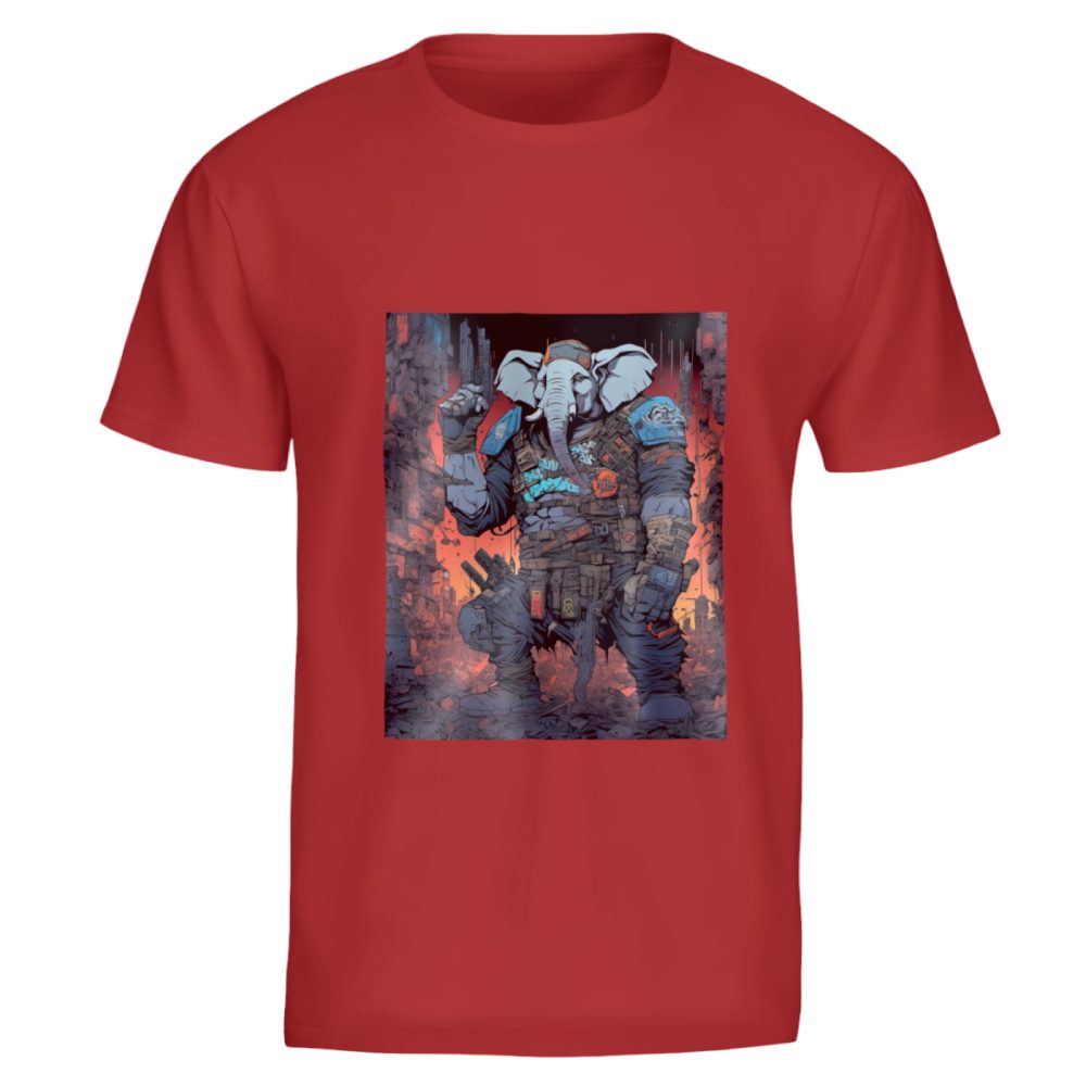 T-shirt rouge - Éléphant cyberpunk prêt à se battre