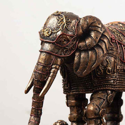 Détails minutieux de la statue d'éléphant steampunk avec tuyaux en cuivre et engrenages