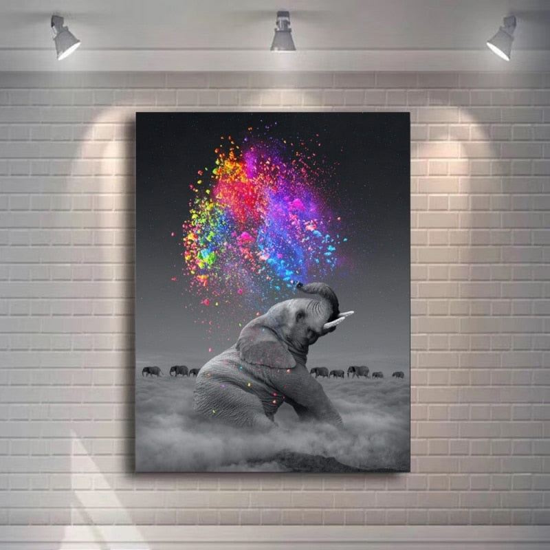 Tableau avec éléphant mis en valeur par un éclairage professionnel sur un mur de briques.