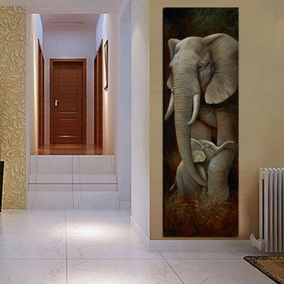 Peinture sur toile d'une famille d'elephants