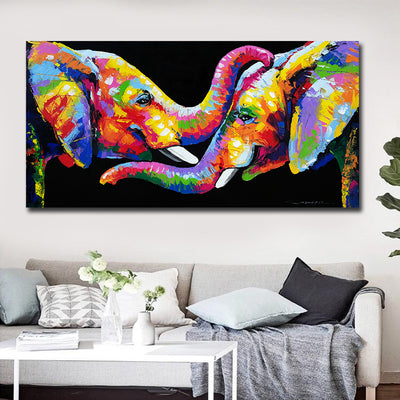 Impression a l'encre d'un tableau representant deux elephants qui se calinent