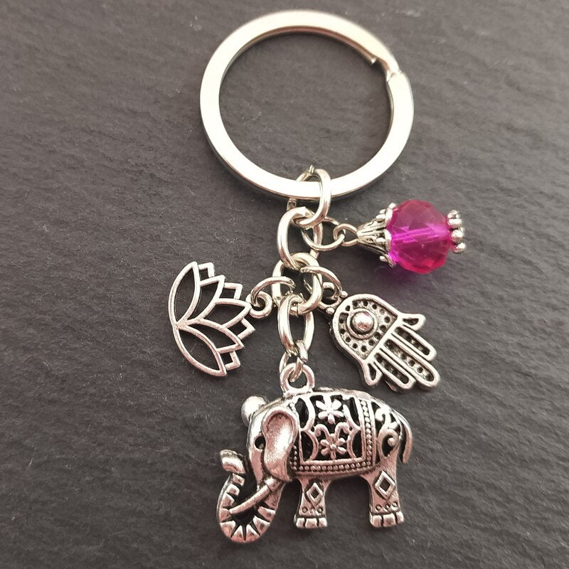 Porte-cle elephant ethnique variante rose foncee