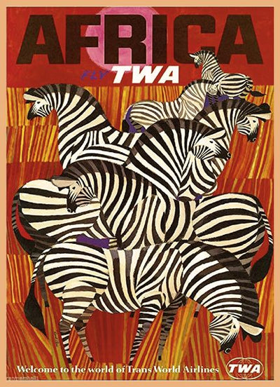 Poster vintage Africa Fly TWA zebres
