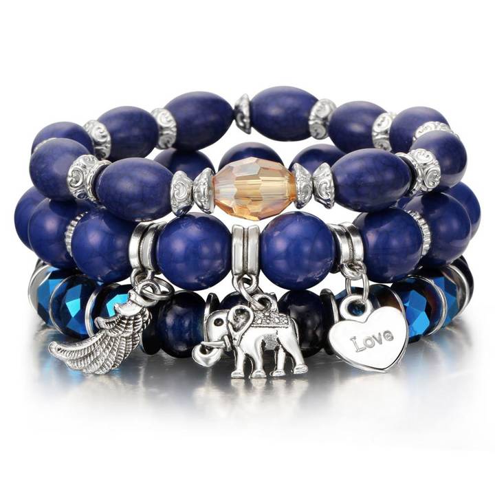 Bracelet rétro breloques éléphant variante couleur bleu foncé