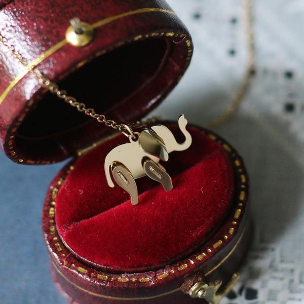 Collier elephant en titane dans sa boite de rangement