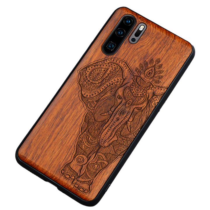 Protégez votre téléphone Huawei avec cette coque de protection en bois, aux symboles éléphants mandala