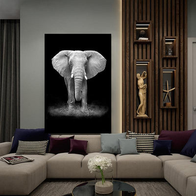 Photographie elephant en noir et blanc, mise en situation dans un salon