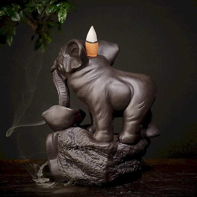 Statue éléphant encensoir en faïence, vue arrière