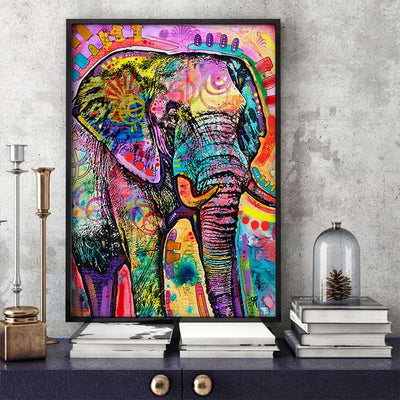 Tableau elephant colore sur un meuble