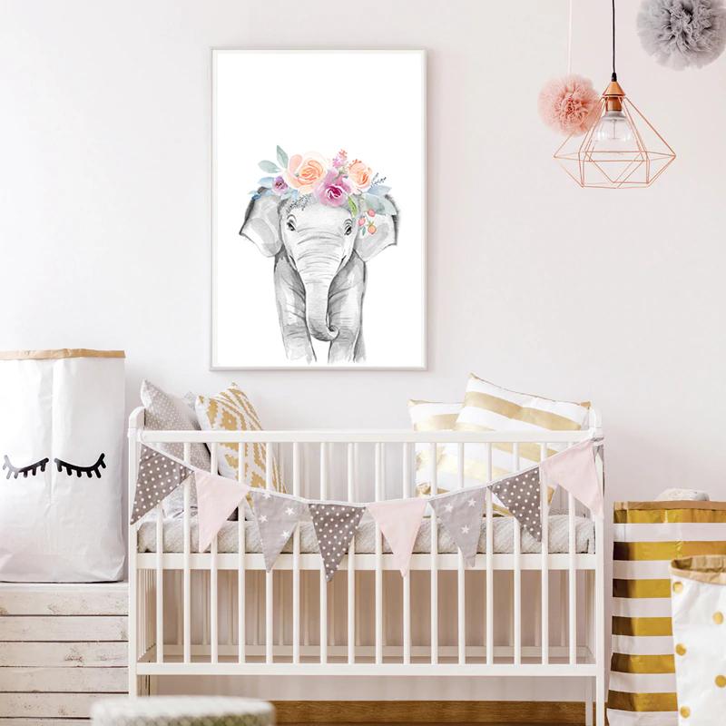 Tableau jeune pachyderme au-dessus d'un berceau