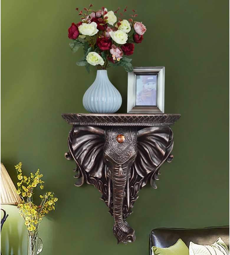 Mise en situation tête d'éléphant étagère murale bronze