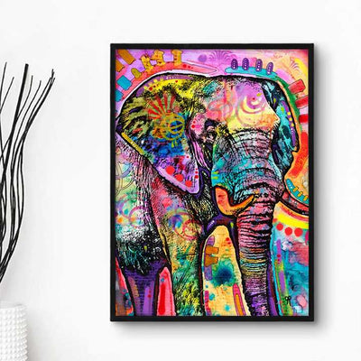 Tableau elephant colore sur un mur